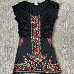 Free people top, black with Spanish flower print and bead details, S